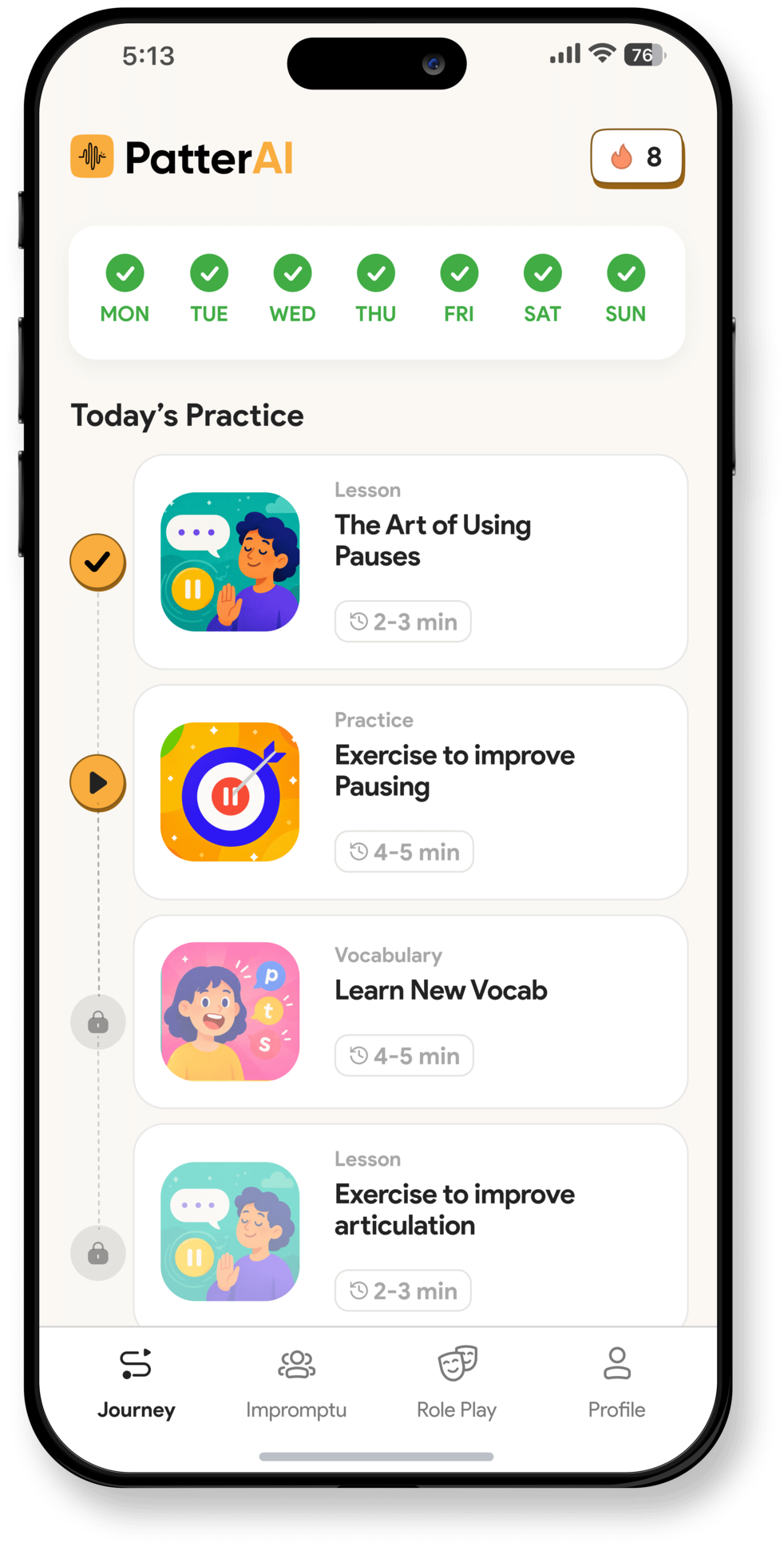 PatterAI app showing daily communication skills practice session